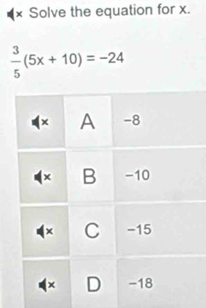 (× Solve the equation for x.
 3/5 (5x+10)=-24