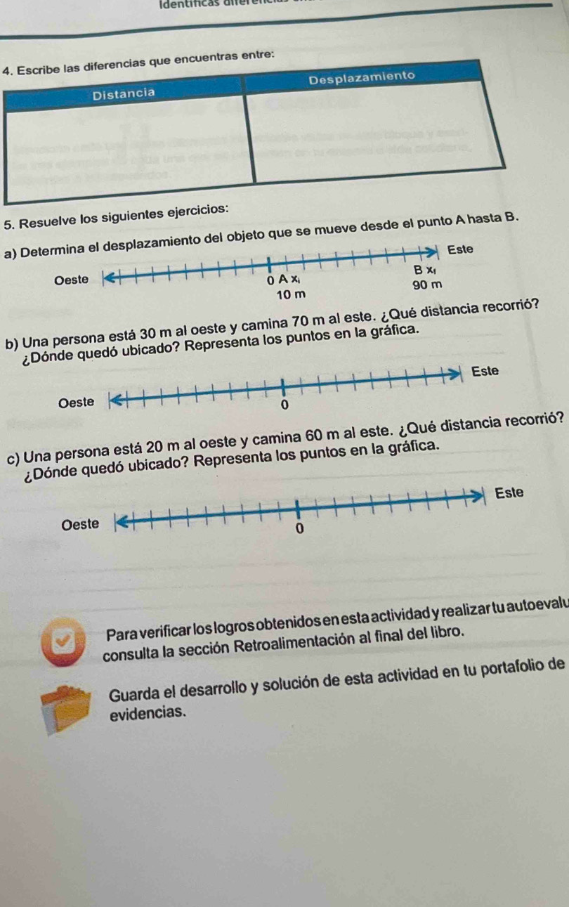 dentinc a s d 
4 
5. Resuelve los siguientes ejercicios: 
a) Determina el desplazamiento del objeto que se mueve desde el punto A hasta B. 
b) Una persona está 30 m al oeste y camina 70 m al este. ¿Qué distancia recorrió? 
de quedó ubicado? Representa los puntos en la gráfica. 
c) Una persona está 20 m al oeste y camina 60 m al este. ¿Qué distancia corrió? 
¿Dónde quedó ubicado? Representa los puntos en la gráfica. 
Este 
Para verificar los logros obtenidos en esta actividad y realizar tu autoevalu 
consulta la sección Retroalimentación al final del libro. 
Guarda el desarrollo y solución de esta actividad en tu portafolio de 
evidencias.