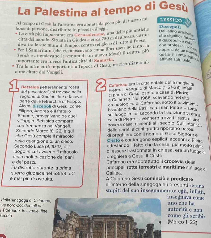 La Palestina al tempo di Gesù
Al tempo di Gesù la Palestina era abitata da poco più dì mezzo mi- LESSICO
lione di persone, distribuite in piccoli villaggi.
Discepoli
La città più importante era Gerusalemme, una delle più antiche
Dal latino discipulus
città del mondo. Situata in Giudea a circa 750 m dì altezza, custo- che significa "allievo
diva tra le sue mura il Tempio, centro religioso di tutto il Paese. Il discepolo è colui
Per i Samaritani (che riconoscevano come libri sacri soltanto la che professa i princip 
Torah e attendevano la venuta di un nuovo Mosè) il centro più  aresi da u mestro  
quale s sente   gato d
importante era invece lantica città di Samaria.
affinità spirituale.
Tra le altre città importanti all'epoca di Gesù, ne ricordiamo al-
cune citate dai Vangeli.
Betsaida (letteralmente “casa 2  Cafarnao era la città natale della moglie di
del pescatore”) si trovava nella Pietro: il Vangelo di Marco (1, 21-29) infatti
regione di Gaulanitide e faceva ci parla di Gesù, ospite a casa di Pietro.
parte della tetrarchia di Filippo. a Cafarnao. Nel 1968, scavando nel sito
Alcuni discepoli di Gesù, come archeologico di Cafarnao, sotto il pavimento
Filippo, Andrea e il fratello  bizantino della Basilica di san Pietro - sorta
Simone, provenivano da quel sul luogo in cui secondo la tradizione vi era la
villaggio. Betsaida compare  casa di Pietro -, vennero trovati i resti di una
con frequenza nei Vangeli. povera casa, risalenti al I secolo. Sull'intonaco
Secondo Marco (8,22 è qui delle pareti alcuni graffiti riportano parole
che Gesù compie il miracolo di preghiera con il nome di Gesù Signore e
della guarigione di un cieco. Cristo e contengono espliciti accenni a Pietro,
Secondo Luca (9, 10-17) è il attestando il fatto che la casa, già molto prima
luogo in cui avviene il miracolo di essere trasformata in chiesa, era un luogo di
della moltiplicazione dei pani preghiera a Gesù, il Cristo.
e dei pesci. Cafarnao era soprattutto il crocevia delle
Fu distrutta durante la prima principali rotte terrestri e marittime sul lago di
guerra giudaica nel 68/69 d.C. Galilea.
e mai più ricostruita. A Cafarnao Gesù cominciò a predicare
all'interno della sinagoga e i presenti «erano
stupiti del suo insegnamento: egli, infatti,
insegnava come
della sinagoga di Cafarno che ha
rive nord-occidentali delutorità e non
i Tiberiade, in Israele, fiome gli scribi»
secolo.
Marco 1, 22).