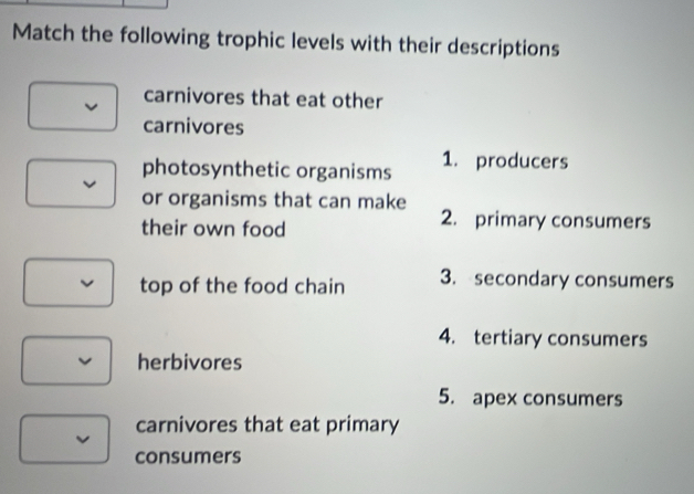 Match the following trophic levels with their descriptions
carnivores that eat other
carnivores
photosynthetic organisms 1. producers
or organisms that can make
their own food
2. primary consumers
top of the food chain 3. secondary consumers
4. tertiary consumers
herbivores
5. apex consumers
carnivores that eat primary
consumers