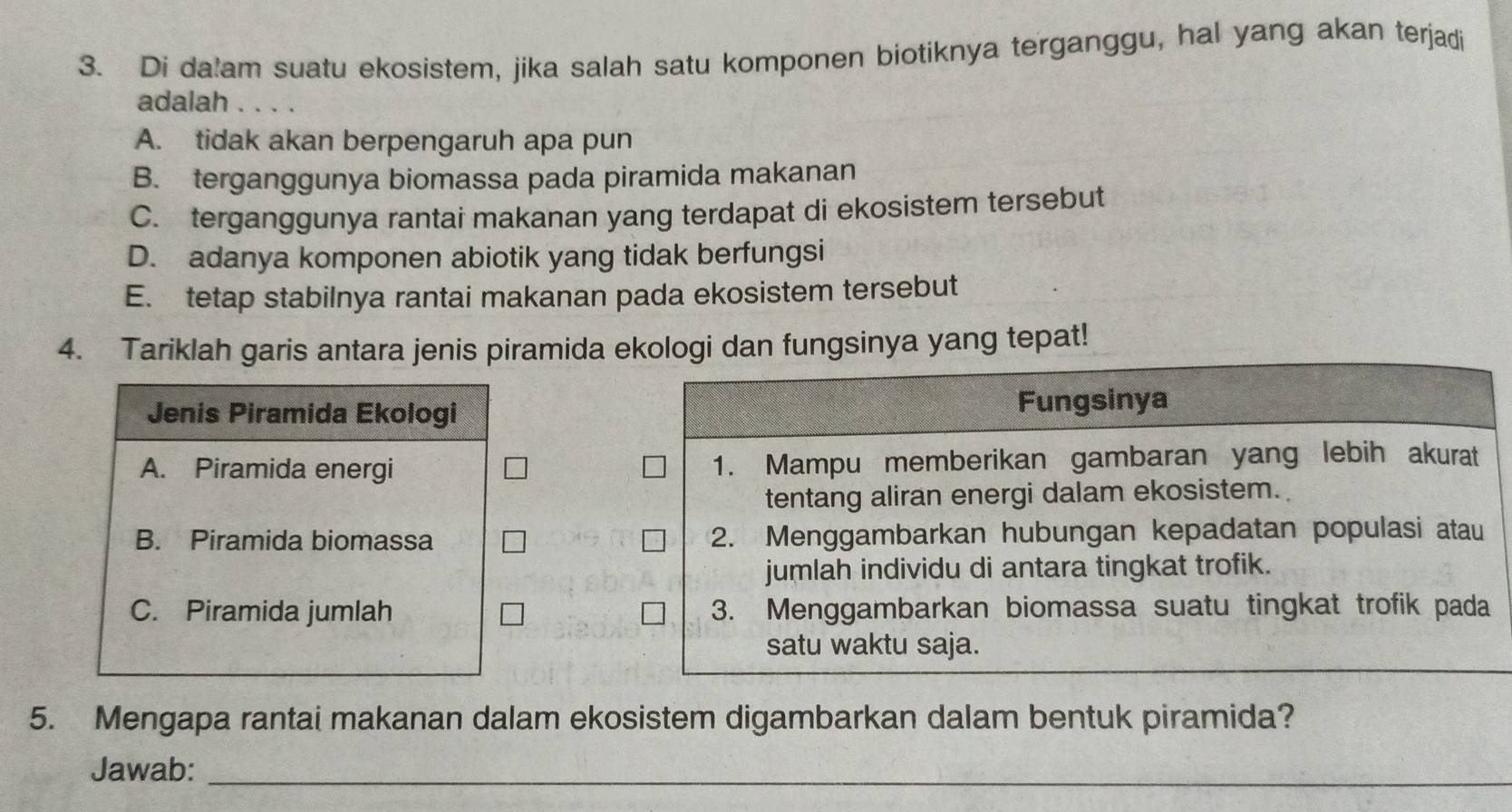 Di da!am suatu ekosistem, jika salah satu komponen biotiknya terganggu, hal yang akan terjadi
adalah . . . .
A. tidak akan berpengaruh apa pun
B. terganggunya biomassa pada piramida makanan
C. terganggunya rantai makanan yang terdapat di ekosistem tersebut
D. adanya komponen abiotik yang tidak berfungsi
E. tetap stabilnya rantai makanan pada ekosistem tersebut
4. Tariklah garis antara jenis piramida ekologi dan fungsinya yang tepat!
Jenis Piramida Ekologi Fungsinya
A. Piramida energi 1. Mampu memberikan gambaran yang lebih akurat
tentang aliran energi dalam ekosistem.
B. Piramida biomassa 2. Menggambarkan hubungan kepadatan populasi atau
jumlah individu di antara tingkat trofik.
C. Piramida jumlah 3. Menggambarkan biomassa suatu tingkat trofik pada
satu waktu saja.
5. Mengapa rantai makanan dalam ekosistem digambarkan dalam bentuk piramida?
Jawab:_