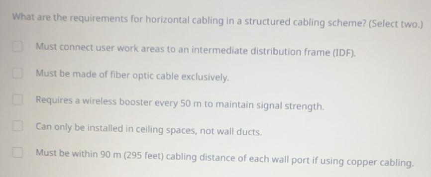 Solved: What are the requirements for horizontal cabling in a ...
