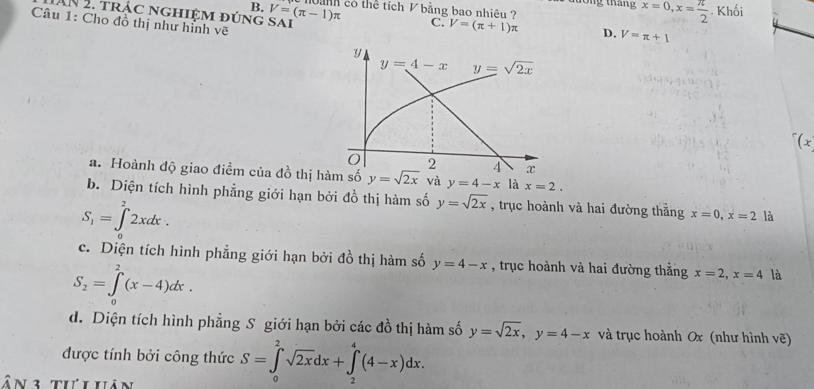 B.
Ông tháng x=0,x= π /2 . Khối
AN 2. trác nghiệm đúng sai V=(π -1)π lành có thể tích V bằng bao nhiêu ?
Câu 1: Cho đồ thị như hỉnh vẽ
C. V=(π +1)π
D. V=π +1°(x
a. Hoành độ giao điểm của đồ thị hàm số y=sqrt(2x) và y=4-x là x=2.
b. Diện tích hình phẳng giới hạn bởi đồ thị hàm số y=sqrt(2x) , trục hoành và hai đường thắng x=0,x=2 là
S_1=∈tlimits _0^(22xdx.
c. Diện tích hình phẳng giới hạn bởi đồ thị hàm số y=4-x , trục hoành và hai đường thắng x=2,x=4 là
S_2)=∈tlimits _0^(2(x-4)dx.
d. Diện tích hình phẳng S giới hạn bởi các đồ thị hàm số y=sqrt 2x),y=4-x và trục hoành Ox (như hình vẽ)
được tính bởi công thức S=∈tlimits _0^(2sqrt 2x)dx+∈tlimits _2^4(4-x)dx.
ân 3 tư lhân