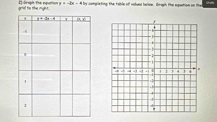 Graph the equation y=-2x-4 by completing the table of values below. Graph the equation on the Undo
grid to the right.