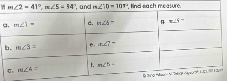 Ind m∠ 10=109° , find each measure.