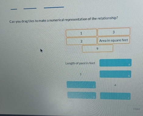 Can you drag tiles to make a numerical representation of the relationship?
1 3
2 Area in square feet
9
Length of pool in feet
1
4
Hint