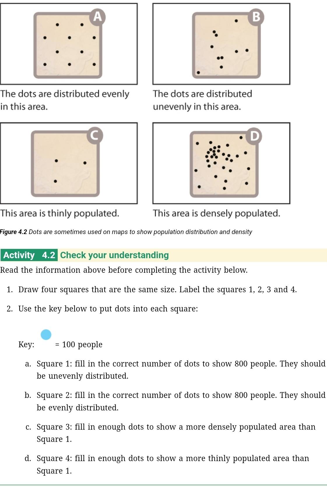 A
The dots are distributed evenly 
in this area. unevenly in this area.
This area is thinly populated. This area is densely populated.
Figure 4.2 Dots are sometimes used on maps to show population distribution and density
Activity 4.2 Check your understanding
Read the information above before completing the activity below.
1. Draw four squares that are the same size. Label the squares 1, 2, 3 and 4.
2. Use the key below to put dots into each square:
Key: =100 people
a. Square 1: fill in the correct number of dots to show 800 people. They should
be unevenly distributed.
b. Square 2: fill in the correct number of dots to show 800 people. They should
be evenly distributed.
c. Square 3: fill in enough dots to show a more densely populated area than
Square 1.
d. Square 4: fill in enough dots to show a more thinly populated area than
Square 1.