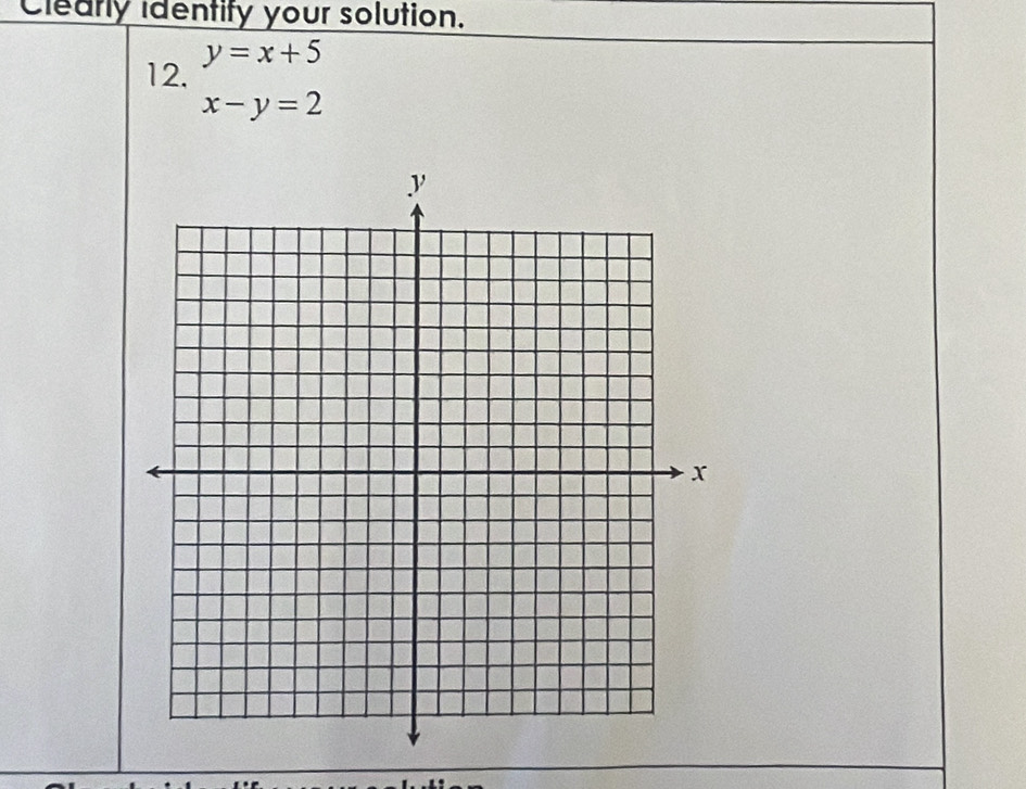 Clearly identify your solution.
12. y=x+5
x-y=2