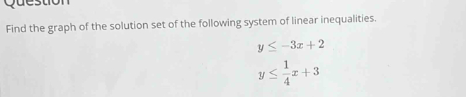 Question
Find the graph of the solution set of the following system of linear inequalities.
y≤ -3x+2
y≤  1/4 x+3