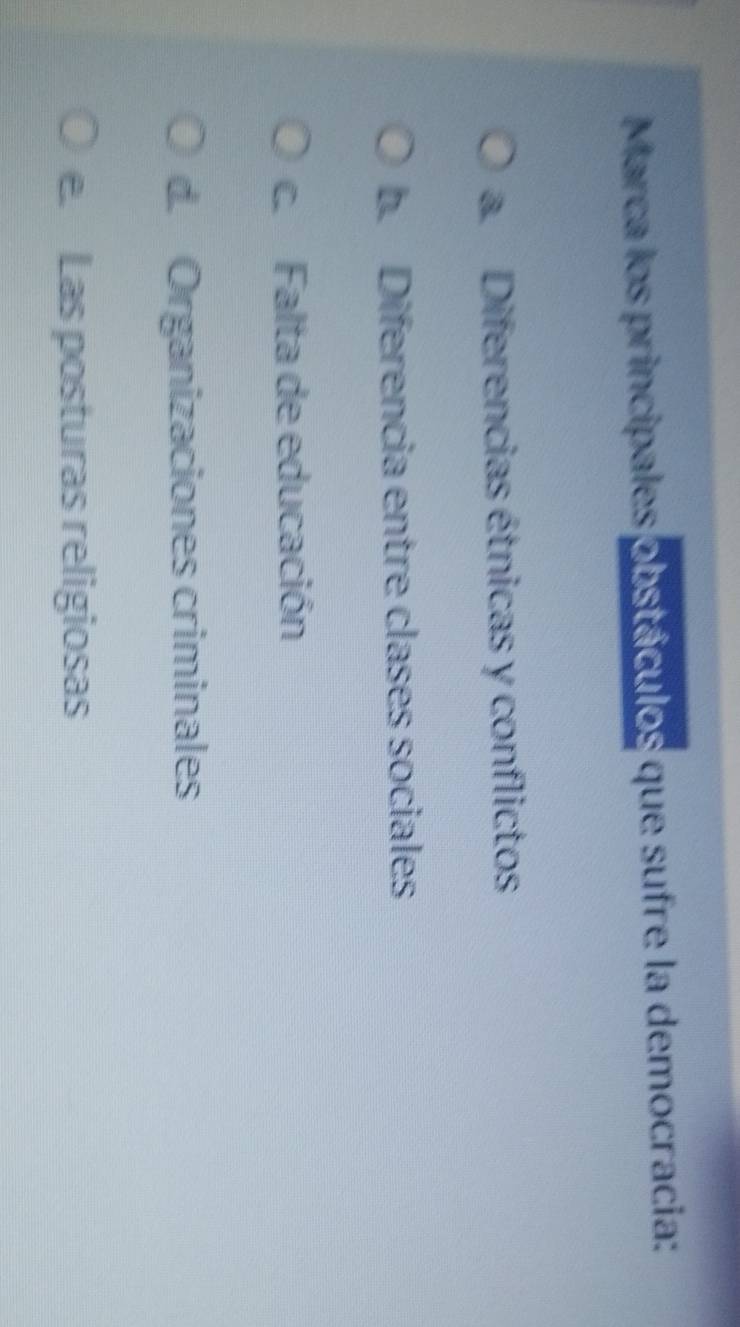 Marca los principales obstáculos que sufre la democracia:
a. Diferencias étnicas y conflictos
b. Diferencia entre clases sociales
c. Falta de educación
d. Organizaciones criminales
e. Las posturas religiosas