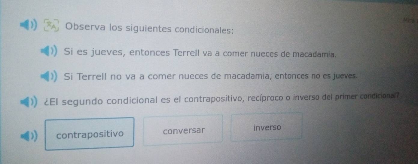 Mira
Observa los siguientes condicionales:
Si es jueves, entonces Terrell va a comer nueces de macadamia.
Si Terrell no va a comer nueces de macadamia, entonces no es jueves.
¿El segundo condicional es el contrapositivo, recíproco o inverso del primer condicional?
contrapositivo conversar
inverso