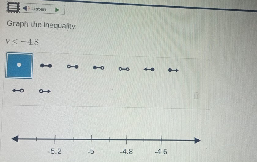 Listen 
Graph the inequality.
v≤ -4.8.