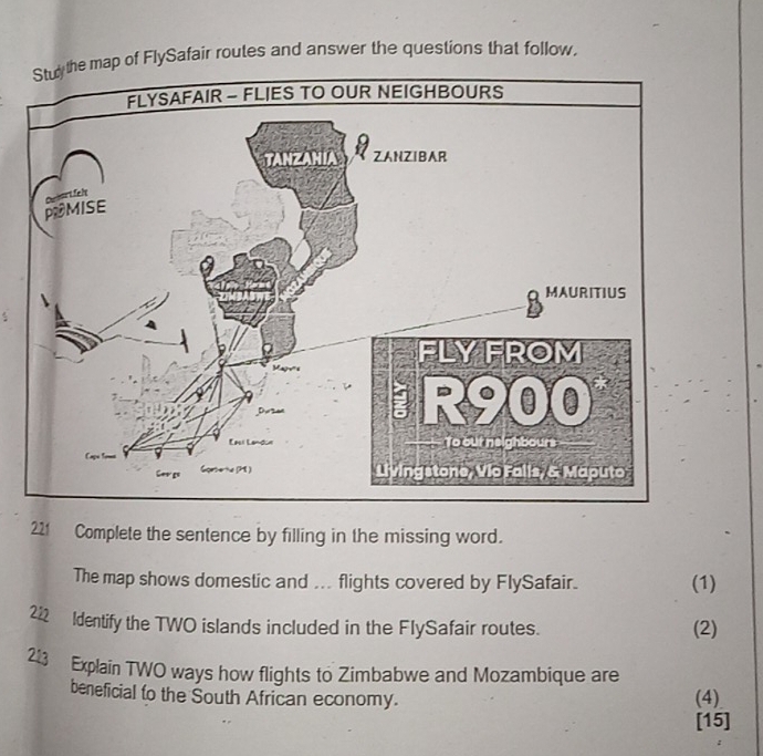 Solved: Stuy the map of FlySafair routes and answer the questions that ...