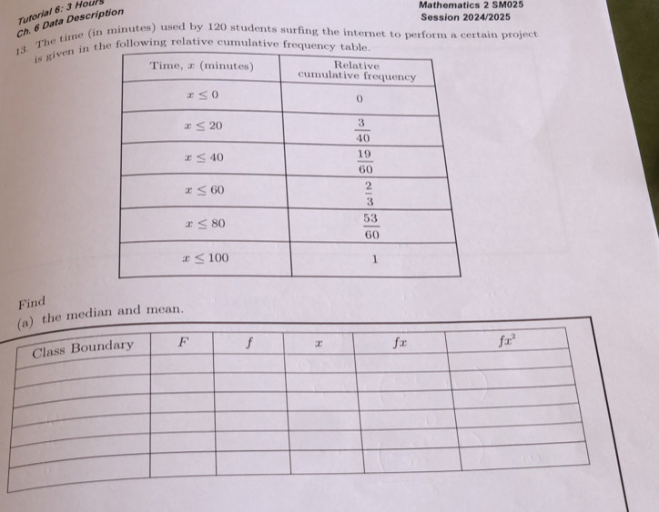 Tutorial 6: 3 Hours
Mathematics 2 SM025
Ch. 6 Data Description
Session 2024/2025
13. The time (in minutes) used by 120 students surfing the internet to perform a certain project
is given in te following relative cumulative fre
Find
median and mean.