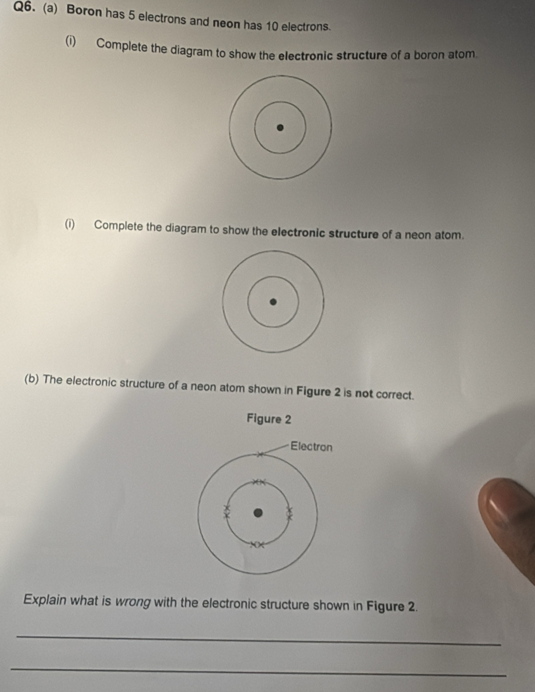 Boron has 5 electrons and neon has 10 electrons. 
(i) Complete the diagram to show the electronic structure of a boron atom 
(i) Complete the diagram to show the electronic structure of a neon atom. 
(b) The electronic structure of a neon atom shown in Figure 2 is not correct. 
Figure 2 
Explain what is wrong with the electronic structure shown in Figure 2. 
_ 
_