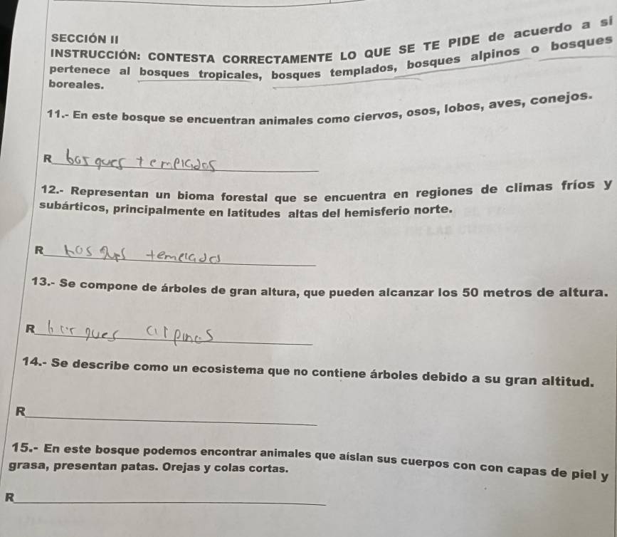 SECCIÓN II 
INSTRUCCIÓN: CONTESTA CORRECTAMENTE LO QUE SE TE PIDE de acuerdo a sí 
pertenece al bosques tropicales, bosques templados, bosques alpinos o bosques 
boreales. 
11.- En este bosque se encuentran animales como ciervos, osos, lobos, aves, conejos. 
_R 
12.- Representan un bioma forestal que se encuentra en regiones de climas fríos y 
subárticos, principalmente en latitudes altas del hemisferio norte. 
_R 
13.- Se compone de árboles de gran altura, que pueden alcanzar los 50 metros de altura. 
_ 
R 
14.- Se describe como un ecosistema que no contiene árboles debido a su gran altitud. 
_R 
15.- En este bosque podemos encontrar animales que aíslan sus cuerpos con con capas de piel y 
grasa, presentan patas. Orejas y colas cortas. 
_R