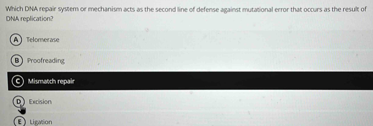 Which DNA repair system or mechanism acts as the second line of defense against mutational error that occurs as the result of
DNA replication?
ATelomerase
BProofreading
C Mismatch repair
DExcision
E Ligation