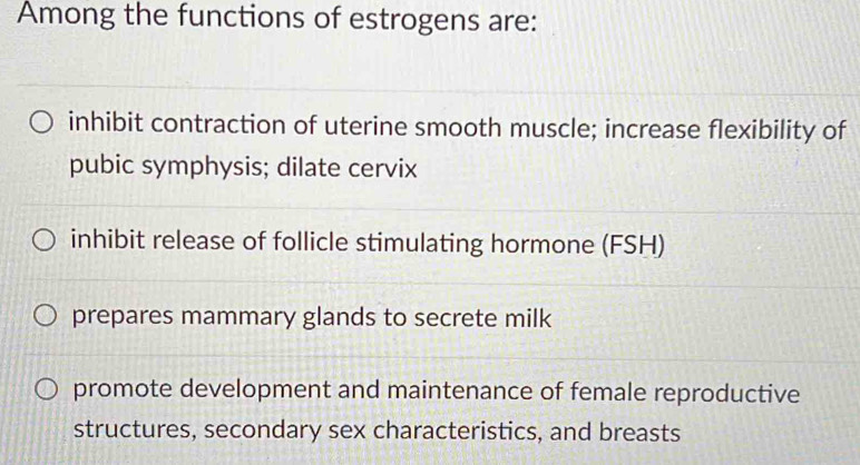 Among the functions of estrogens are:
inhibit contraction of uterine smooth muscle; increase flexibility of
pubic symphysis; dilate cervix
inhibit release of follicle stimulating hormone (FSH)
prepares mammary glands to secrete milk
promote development and maintenance of female reproductive
structures, secondary sex characteristics, and breasts