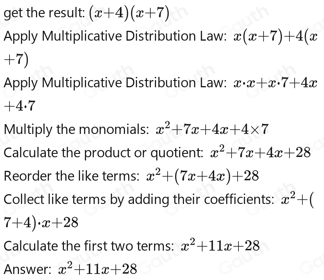Solved: if f(x)=x+7 and g(x)=x+4 , what is g(x)· f(x) ? [Math]