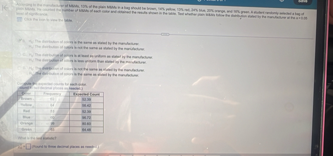 According to the manufacturer of M&Ms, 13% of the plain M&Ms in a bag should be brown, 14% yellow, 13% red, 24% blue, 20% orange, and 16% green. A student randomly selected a bag of
piain M&Ms. He counted the number of M&Ms of each color and obtained the results shown in the table. Test whether plain M&Ms follow the distribution stated by the masufacturer at the alpha =0.05
level of significance.
Click the icon to view the table.
l He. The distribution of colors is the same as stated by the manufacturer.
H.: The distribution of colors is not the same as stated by the manufacturer.
C. H_0 :The distribution of colors is at least as uniform as stated by the manufacturer.
H_1 : The distribution of colors is less uniform than stated by the manufacturer.
O. H.: The distribution of colors is not the same as stated by the manufacturer.
H.. The distribution of color is the same as stated by the manufacturer.
Compute the expected counts for each color.
(Hound to two decimal plac
What is the test statistic?
2 7/9 =□ (Round to three decimal places as needed.)