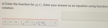 Enter the function for g(x). Enter your answer as an equation using function 
notation. 
π a° ∞  π /6  a^5 ≤slant sqrt(a) sin