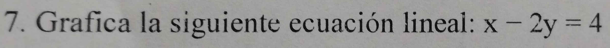 Grafica la siguiente ecuación lineal: x-2y=4