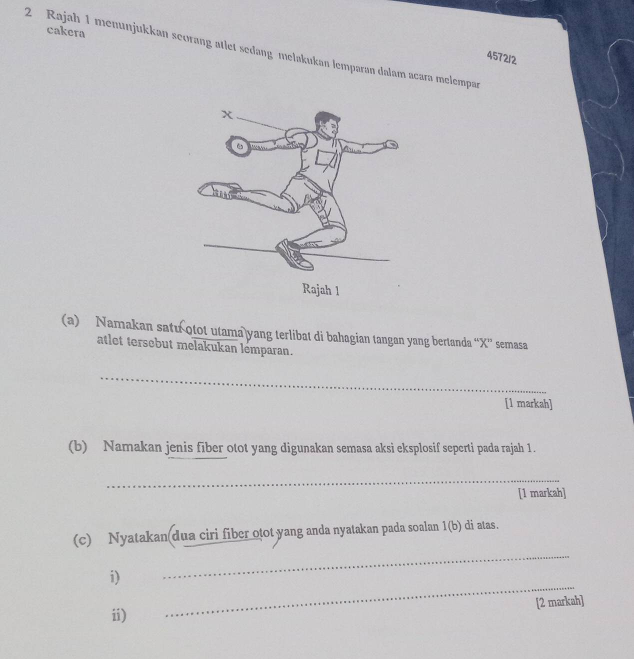 cakera 
2 Rajah 1 menunjukkan seorang atlet sedang melakukan lemparan dalam acara melempan 
4572/2 
(a) Namakan satu otot utama yang terlibat di bahagian tangan yang bertanda “ X ” semasa 
atlet tersebut melakukan lémparan. 
_ 
[1 markah] 
(b) Namakan jenis fiber otot yang digunakan semasa aksi eksplosif seperti pada rajah 1. 
_ 
[1 markah] 
_ 
(c) Nyatakan dua ciri fiber otot yang anda nyatakan pada soalan 1(b) di atas. 
_ 
i) 
[2 markah] 
i)