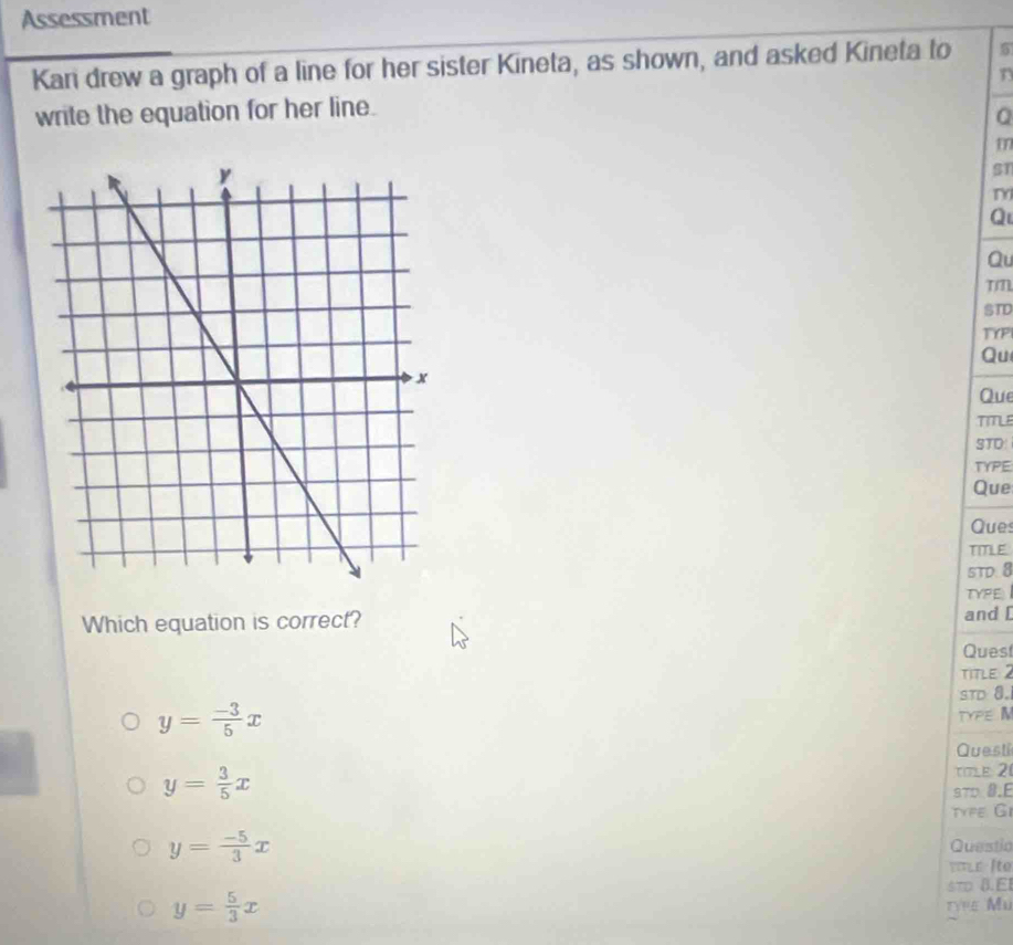 Assessment
Kan drew a graph of a line for her sister Kineta, as shown, and asked Kineta to 5
n
write the equation for her line.
Q
m
ST
Q
Qu
T
STD
TYP
Qu
Que
TTTLE
STD!
TYPE
Que
Ques
TITLE
5TD. 8
TYPE 
Which equation is correct? and [
Ques
title2
sTD 8.
y= (-3)/5 x
TYPE I
Questi
y= 3/5 x
tt le2
97D 8.E
type Gl
y= (-5)/3 x Questio
stD 8.El
y= 5/3 x
tyng Mụ