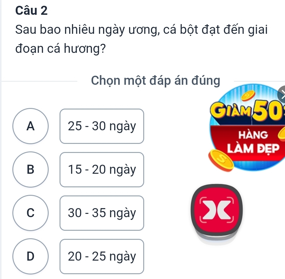 Sau bao nhiêu ngày ương, cá bột đạt đến giai
đoạn cá hương?
Chọn một đáp án đúng
GIAM50
A 25-30 ngày
HÀNG
làm đẹp
B ngày
15-20
C 30-35 ngày
X
D 20-25 ngày