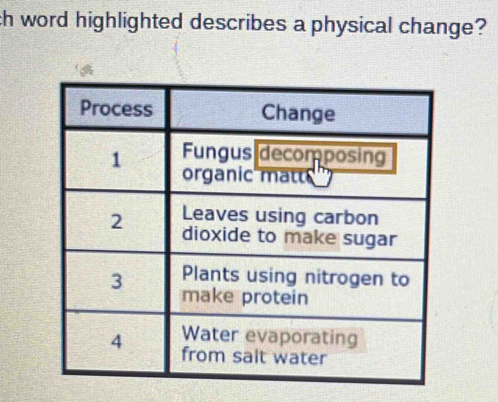 ch word highlighted describes a physical change?