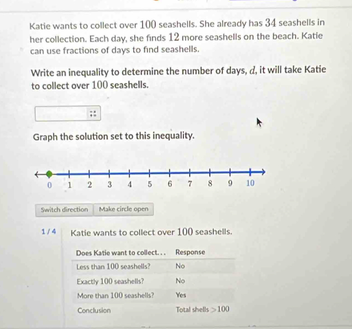 Katie wants to collect over 100 seashells. She already has 34 seashells in
her collection. Each day, she finds 12 more seashells on the beach. Katie
can use fractions of days to find seashells.
Write an inequality to determine the number of days, d, it will take Katie
to collect over 100 seashells.
Graph the solution set to this inequality.
Switch direction Make circle open
1 / 4 Katie wants to collect over 100 seashells.
Does Katie want to collect. . . Response
Less than 100 seashells? No
Exactly 100 seashells? No
More than 100 seashells? Yes
Conclusion Total shells 100