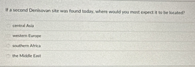 If a second Denisovan site was found today, where would you most expect it to be located?
central Asia
western Europe
southern Africa
the Middle East