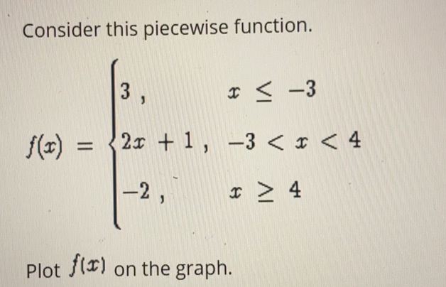 Consider this piecewise function.
f(x)=beginarrayl 3,  x≤ -3 2x+1, -3
Plot f(x) on the graph.