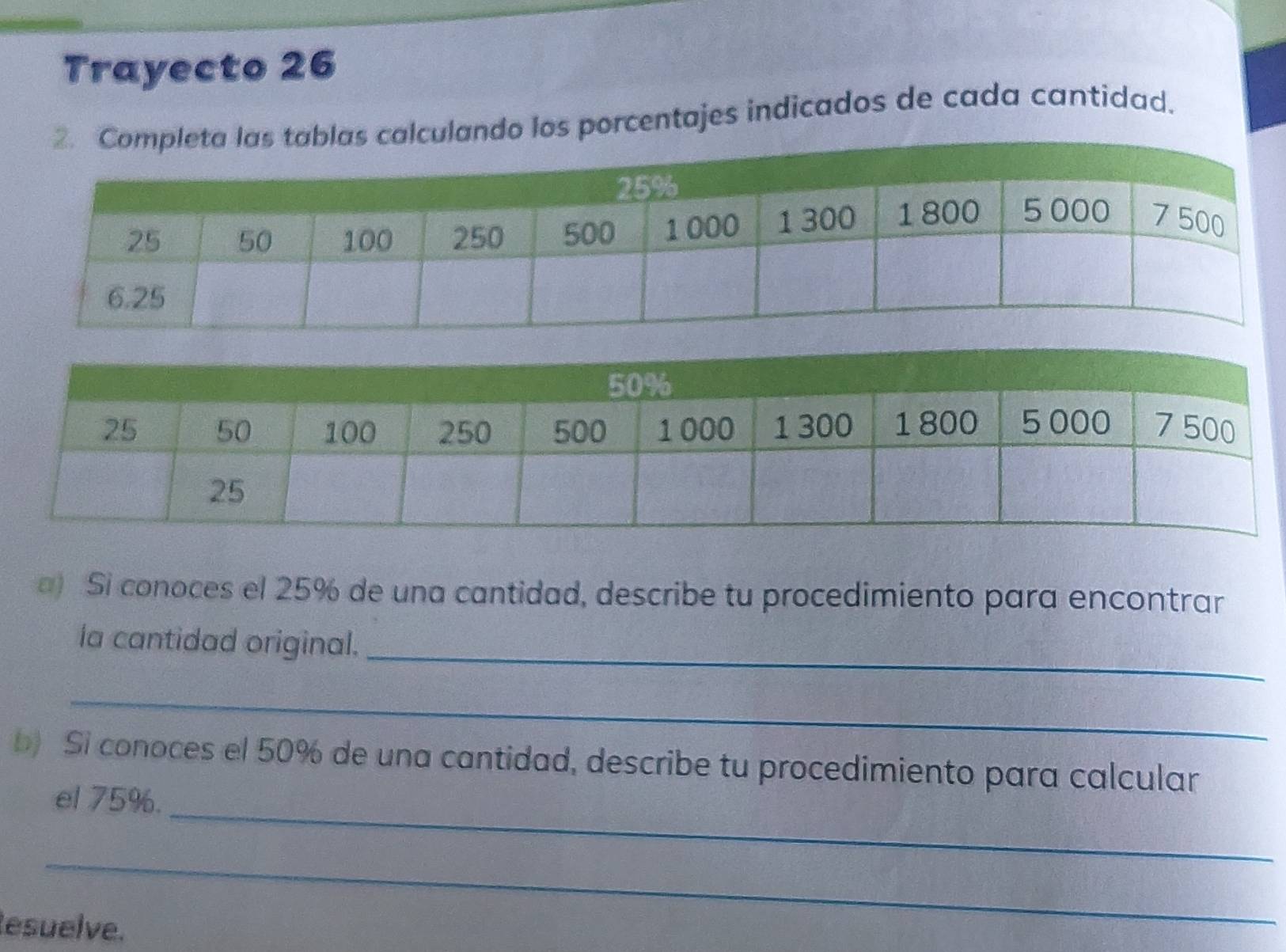 Trayecto 26 
los porcentajes indicados de cada cantidad. 
) Si conoces el 25% de una cantidad, describe tu procedimiento para encontrar 
_ 
la cantidad original. 
_ 
_ 
b) Si conoces el 50% de una cantidad, describe tu procedimiento para calcular 
el 75%. 
_ 
esuelve.