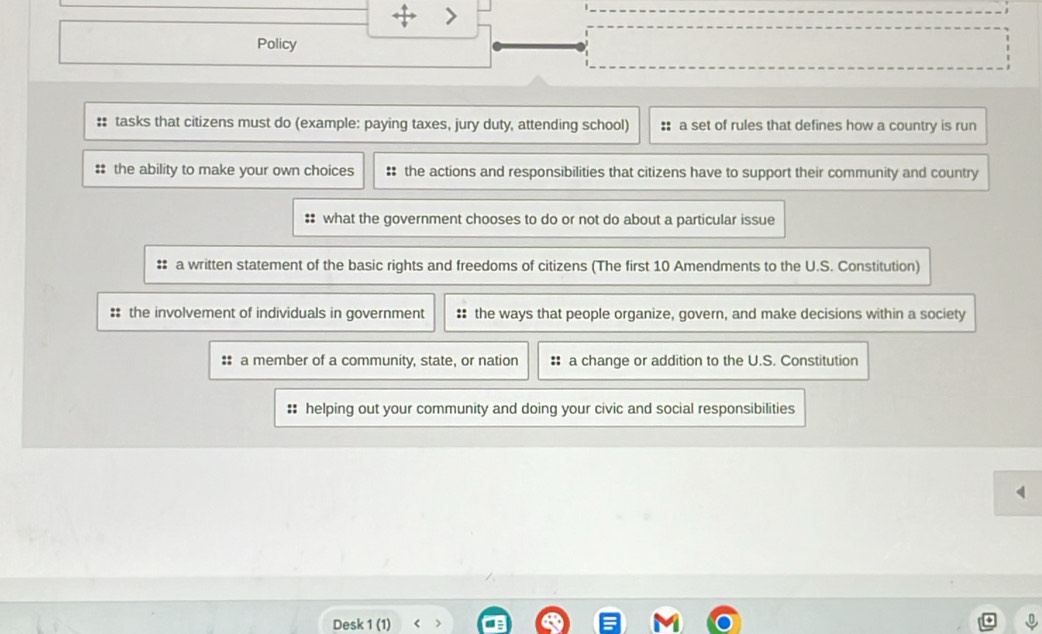 Policy 
: tasks that citizens must do (example: paying taxes, jury duty, attending school) :: a set of rules that defines how a country is run 
# the ability to make your own choices # the actions and responsibilities that citizens have to support their community and country 
# what the government chooses to do or not do about a particular issue 
# a written statement of the basic rights and freedoms of citizens (The first 10 Amendments to the U.S. Constitution) 
#: the involvement of individuals in government :: the ways that people organize, govern, and make decisions within a society 
:: a member of a community, state, or nation : a change or addition to the U.S. Constitution 
: helping out your community and doing your civic and social responsibilities 
Desk 1 (1)