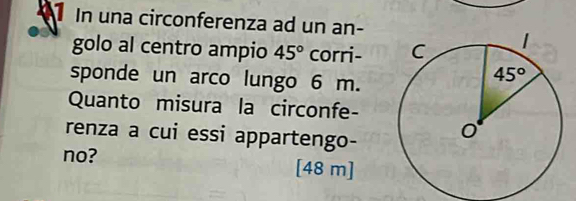 In una circonferenza ad un an-
golo al centro ampio 45° corri-
sponde un arco lungo 6 m.
Quanto misura la circonfe-
renza a cui essi appartengo-
no? [48 m]