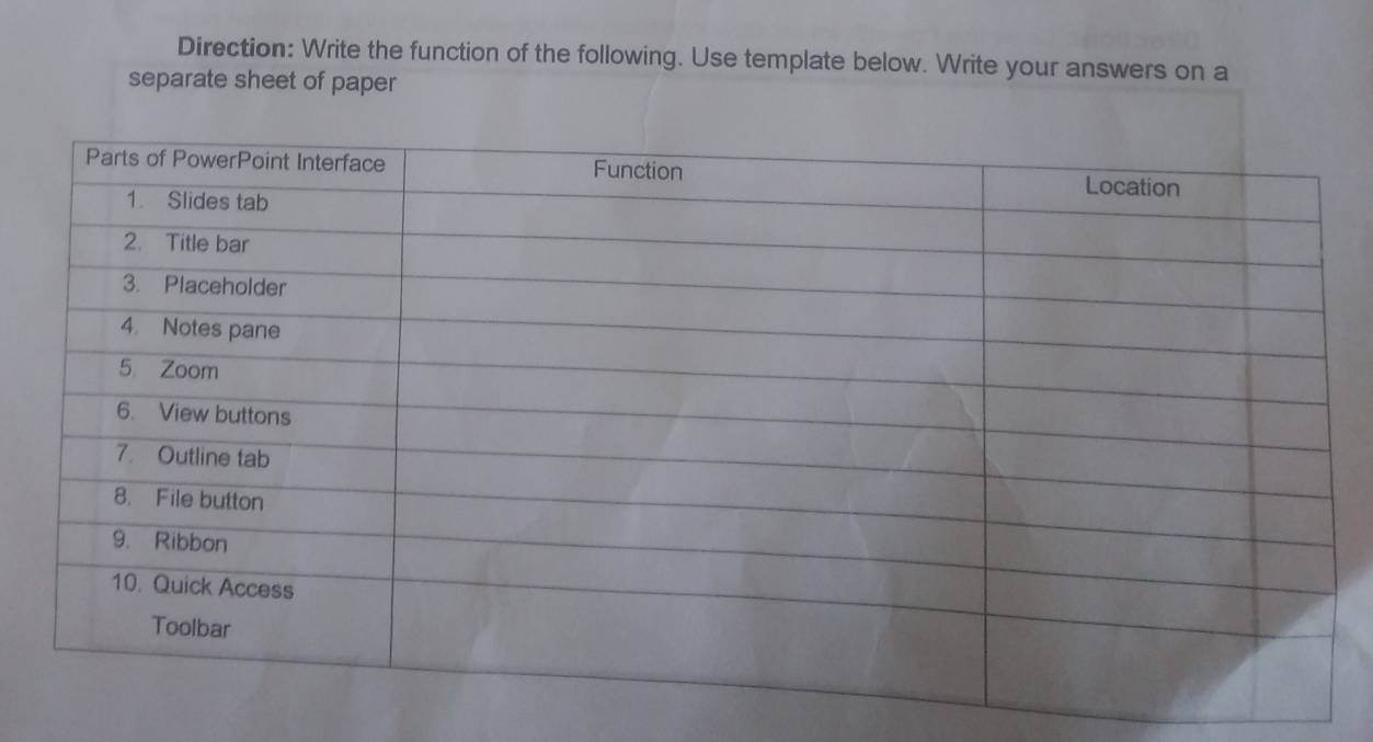 Direction: Write the function of the following. Use template below. Write your answers on a 
separate sheet of paper