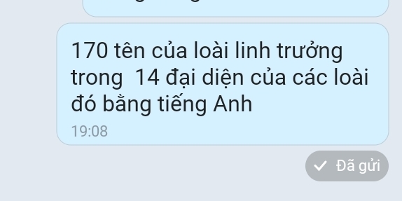 170 tên của loài linh trưởng 
trong 14 đại diện của các loài 
đó bằng tiếng Anh
19:08
Đã gửi