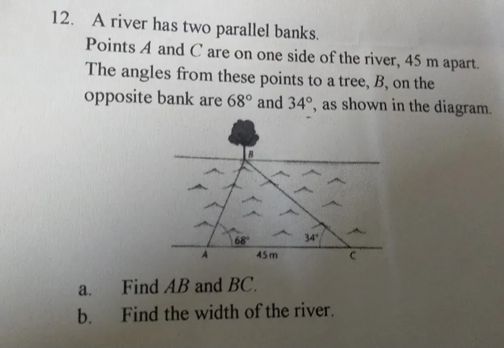 Solved: A river has two parallel banks. Points A and C are on one side ...
