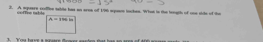 A square coffee table has an area of 196 square inches. What is the ...