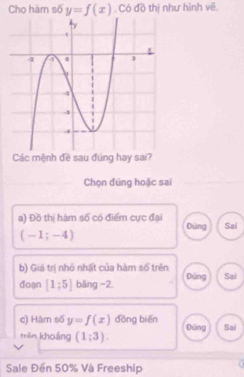 Cho hàm số y=f(x) , Có đồ thị như hình vẽ,
Các mệnh đề sau đúng hay sai?
Chọn đúng hoặc sai
a) Đồ thị hàm số có điểm cực đại Dúng Sai
(-1;-4)
b) Giá trị nhỏ nhất của hàm số trên
đoạn [1;5] bāng −2. Dũng Sai
c) Hàm số y=f(x) dōng biēn Đúng Sai
trān khoảng (1;3). 
Sale Đến 50% Và Freeship