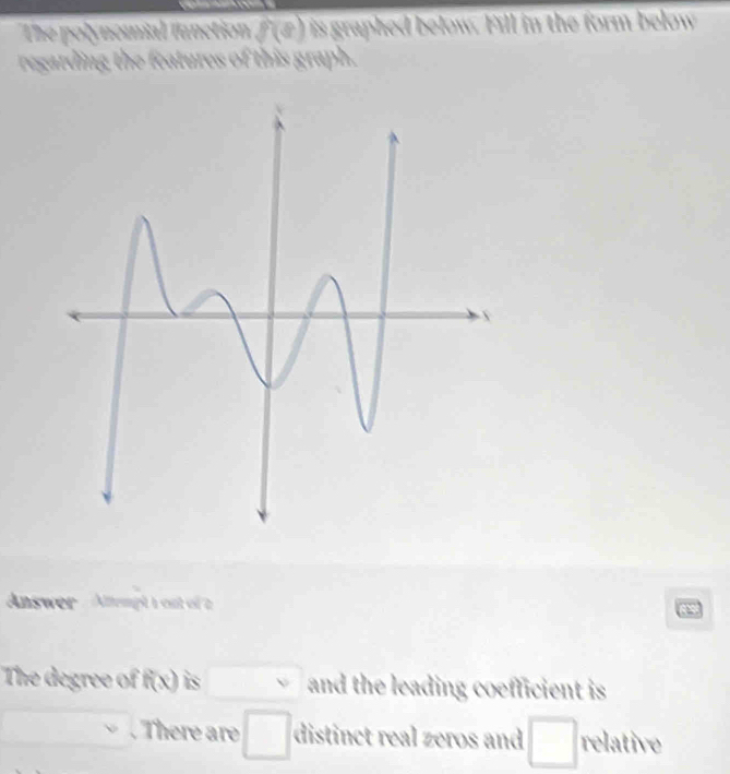 The polynomial fanction f(8) is graphed below. Fill in the form below 
regarding the features of this graph. 
Answer . Alempt i out of a 
The degree of f(x) is □  and the leading coefficient is 
. There are □ distinct real zeros and □ relative