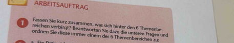 ARBEITSAUFTRAG 
Fassen Sie kurz zusammen, was sich hinter den 6 Themenbe- 
T reichen verbirgt? Beantworten Sie dazu die unteren Fragen und 
ordnen Sie diese immer einem der 6 Themenbereichen zu: