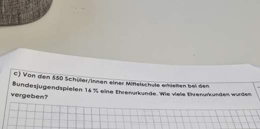 Von den 550 Schüler/innen einer Mittelschule erhielten bei den 
Bundesjugendspielen 16 % eine Ehrenurkunde. Wie viele Ehrenurkunden wurden 
vergeben?