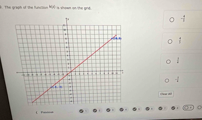 The graph of the function h(x) is shown on the grid.
- 4/5 
 4/5 
 5/4 
- 5/4 
Clear All
( Previous
1 2 3 7