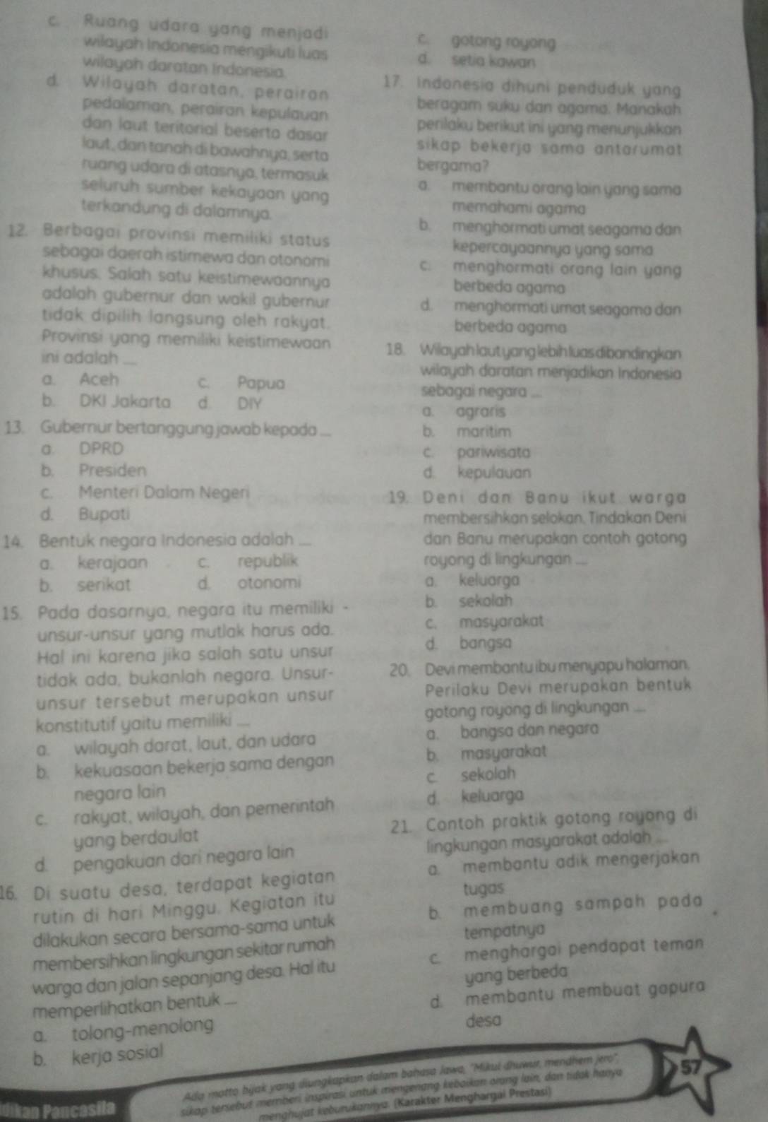 c. Ruang udara yang menjadi c. gotong royong
wilayah Indonesia mengikuti luas d. setia kawan
wilayah daratan Indonesia.
17. Indonesia dihuni penduduk yang
d. Wilayah daratan, perairon
pedalaman, perairan kepulauan
beragam suku dan agama. Manakah
perilaku berikut ini yang menunjukkan
dan laut teritorial beserto dasar
sikap bekerja sama antarumat.
laut, dan tanah di bawahnya, serta
ruang udara di atasnya, termasuk
bergama?
a. membantu orang lain yang sama
seluruh sumber kekayaan yang
terkandung di dalamnya.
memahami agama
b. menghormati umat seagama dan
12. Berbagai provinsi memiliki status kepercayaannya yang sama
sebagai daerah istimewa dan otonomi c. menghormati orang lain yang
khusus. Salah satu keistimewaannya berbeda agama
adalah gubernur dan wakil gubernur d. menghormati umat seagama dan
tidak dipilih langsung oleh rakyat. berbeda agama
Provinsi yang memiliki keistimewaan 18. Wilayah laut yang lebih luas dibandingkan
ini adalah
wilayah daratan menjadikan Indonesia
a. Aceh c. Papua sebagai negara ...
b. DKI Jakarta d. DIY
a. agraris
13. Gubernur bertanggung jawab kepada ... b. maritim
a. DPRD c. pariwisat
b. Presiden d. kepulauan
c. Menteri Dalam Negeri 19. Deni dan Banu ikut warga
d. Bupati membersihkan selokan. Tindakan Deni
14. Bentuk negara Indonesia adalah dan Banu merupakan contoh goton
a. kerajaan c. republik royong di lingkungan ...
b. serikat d. otonomi a. keluarga
15. Pada dasarnya, negara itu memiliki - b. sekolah
unsur-unsur yang mutlak harus ada. c. masyarakat
d. bangsa
Hal ini karena jika salah satu unsur
tidak ada, bukanlah negara. Unsur- 20. Devi membantu ibu menyapu halaman.
unsur tersebut merupakan unsur  Perilaku Devi merupakan bentuk
konstitutif yaitu memiliki .... gotong royong di lingkungan ....
a. wilayah darat, laut, dan udara a. bangsa dan negara
b. kekuasaan bekerja sama dengan b. masyarakat
negara lain c. sekolah
c. rakyat, wilayah, dan pemerintah
d. keluarga
yang berdaulat 21. Contoh praktik gotong royong di
d. pengakuan dari negara lain lingkungan masyarakat adalah ...
16. Di suatu desa, terdapat kegiatan a. membantu adik mengerjakan
tugas
b. membuang sampah pada
rutin di hari Minggu. Kegiatan itu
dilakukan secara bersama-sama untuk
tempatnya
c. menghargai pendapat teman
membersihkan lingkungan sekitar rumah
warga dan jalan sepanjang desa. Hal itu
memperlihatkan bentuk .... yang berbeda
d. membantu membuat gapura
a. tolong-menolong desa
b. kerja sosial
Ada motto bijak yang diungkapkan dalam bahasa Jawa, ''Mikul dhuwur, mendhem jero''.
kan Pancasila sikap tensebut memberi inspirasi untuk mengenang kebaikan orong lain, dan tidak hanya 57
menghujat keburukannya. (Karakter Menghargái Prestasi)