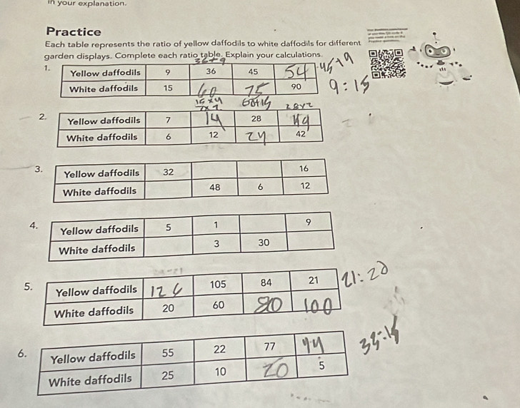 In your explanation. 
Practice 
Each table represents the ratio of yellow daffodils to white daffodils for different 
garden displays. Complete each ratio table. Explain your calculations.