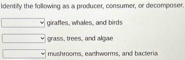 Identify the following as a producer, consumer, or decomposer.
□ giraffes, whales, and birds
v
□ grass, trees, and algae
□ mushrooms, earthworms, and bacteria