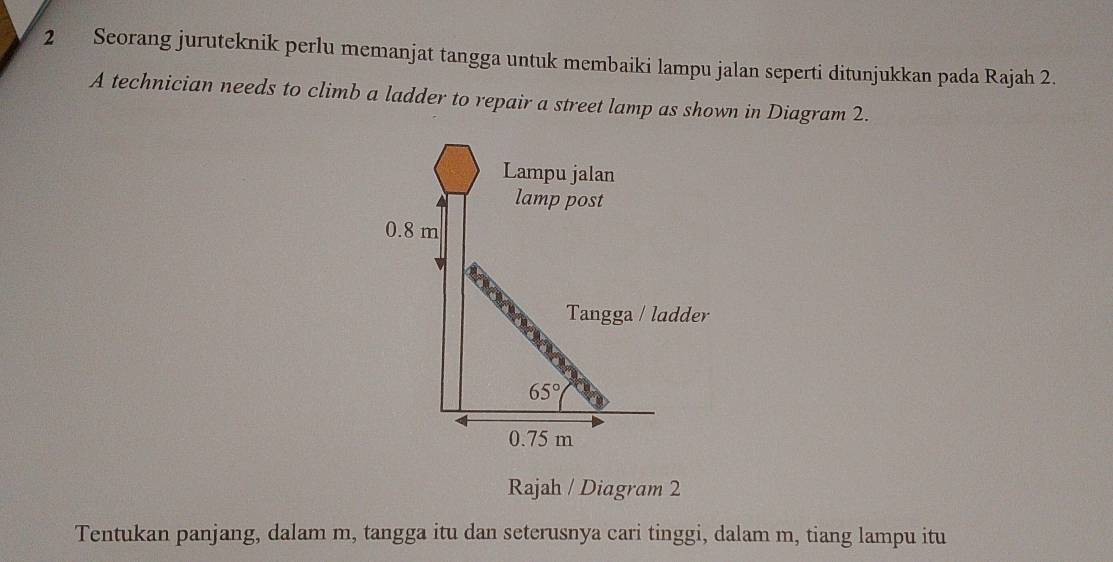 Seorang juruteknik perlu memanjat tangga untuk membaiki lampu jalan seperti ditunjukkan pada Rajah 2. 
A technician needs to climb a ladder to repair a street lamp as shown in Diagram 2. 
Lampu jalan 
lamp post
0.8 m
Tangga / ladder
65°
0.75 m
Rajah / Diagram 2 
Tentukan panjang, dalam m, tangga itu dan seterusnya cari tinggi, dalam m, tiang lampu itu