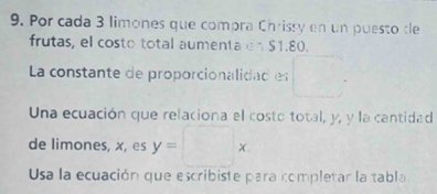 Por cada 3 limones que compra Chrissy en un puesto de 
frutas, el costo total aumenta en $1.80. 
La constante de proporcionalidad es □. 
Una ecuación que relaciona el costo total, y, y la cantidad 
de limones, x, es y=□ x
Usa la ecuación que escribiste para completar la tabla